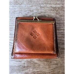 Patricia Nash Italian Leather Bifold Wallet Cognac Kiss Lock Coin Frame Snap Clo